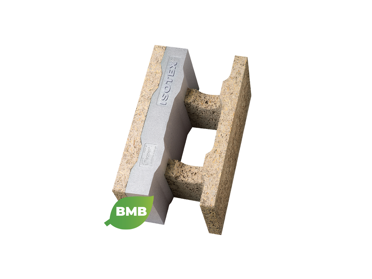Blocchi cassero in legno cemento Isotex - HDIII 30/10 con inserto isolante Neopor BMBcert di BASF - Con il Blocco cassero ISOTEX in legno cemento HDIII 30/10, con grafite Neopor® BMBcert di BASF si realizzano pareti portanti esterne.