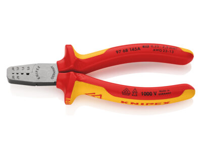 97 68 145 A – KNIPEX Pinza per serrare terminali a bussola isolati con manici rivestiti in materiale bicomponente, collaudati VDE 145 mm