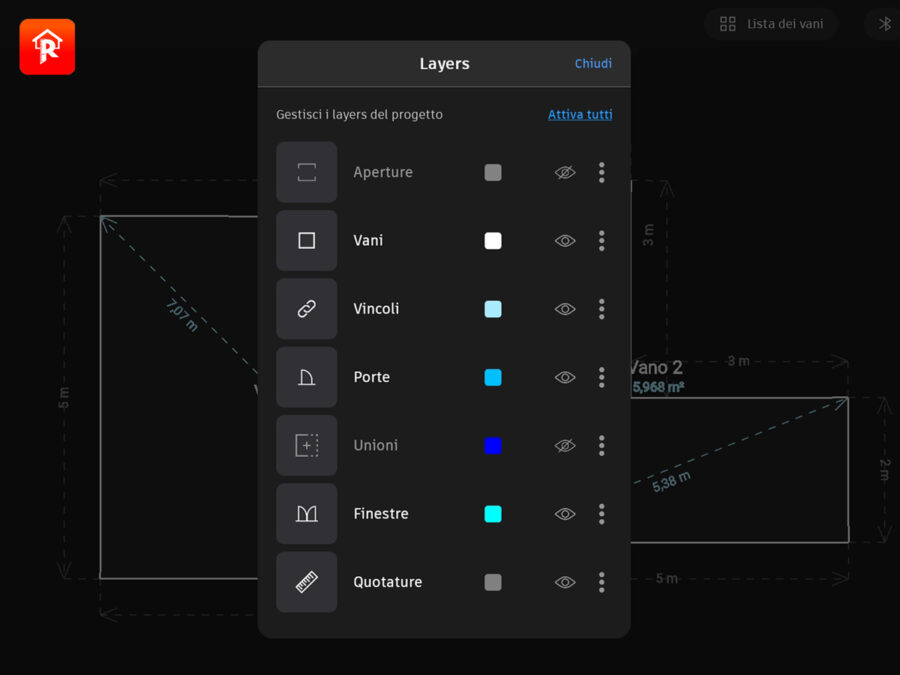 Rilievo - Menu gestione dei layers