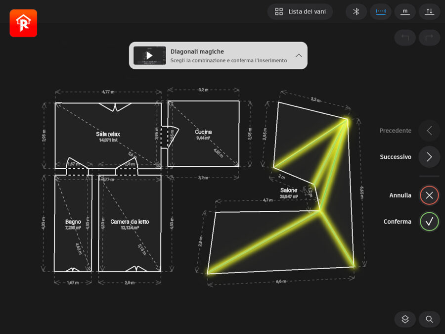 Rilievo - Funzione Diagonali Magiche - Combinazione di diagonali da misurare per la corretta risoluzione dei vani